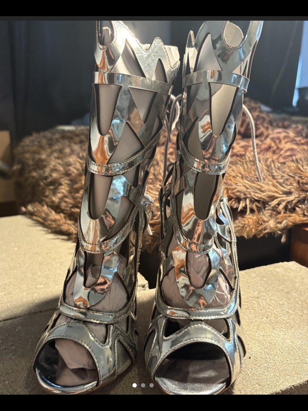 Liliana Silver Metallic Cutout Lace-Up Heeled Sandals